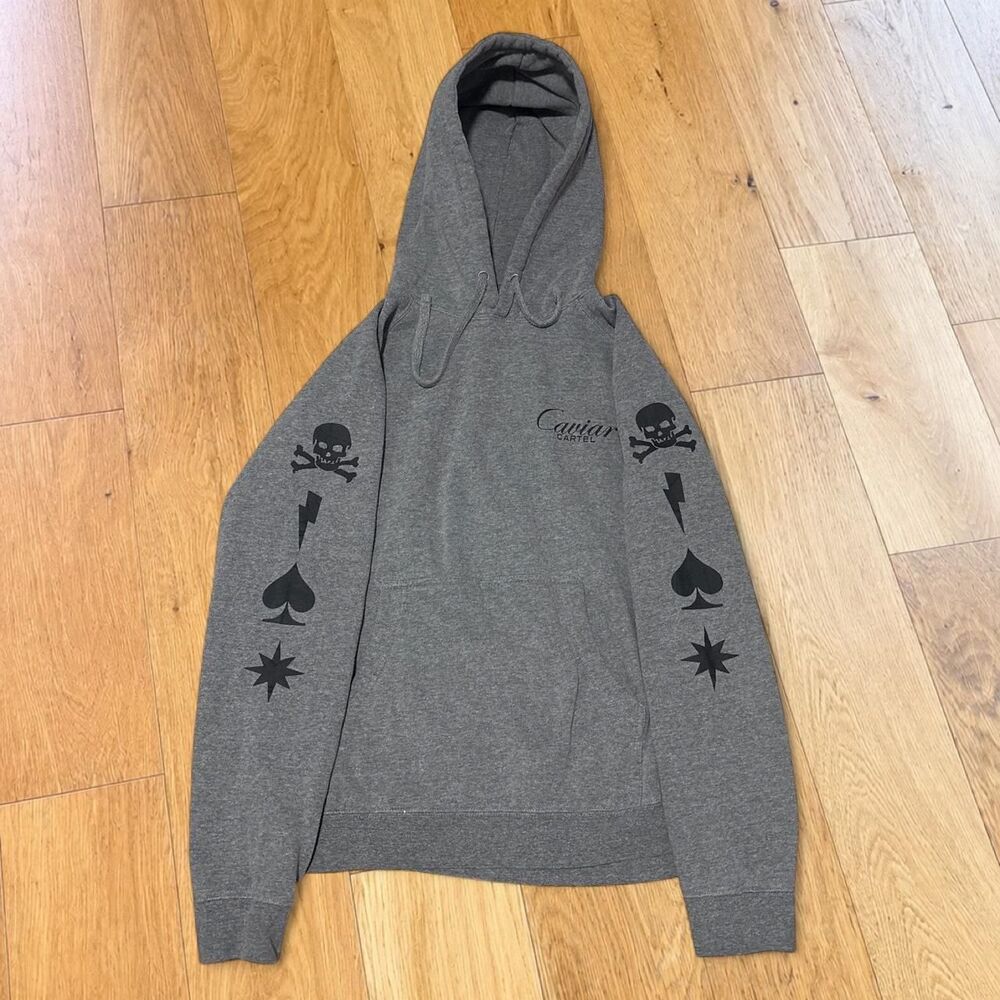 Caviar Cartel SSUR Grey Hoodie Mens M Skull Spade Sleeve Print Streetwear